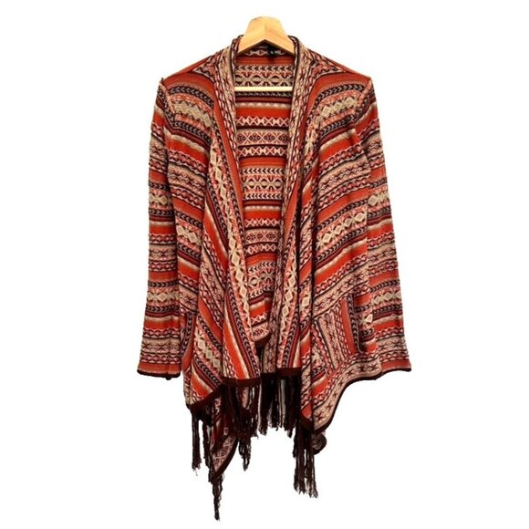 ELAN Open Front Cardigan Boho‎ Sweater Fair Isle Knit Long Sleeve Fringe Size S - Picture 1 of 10